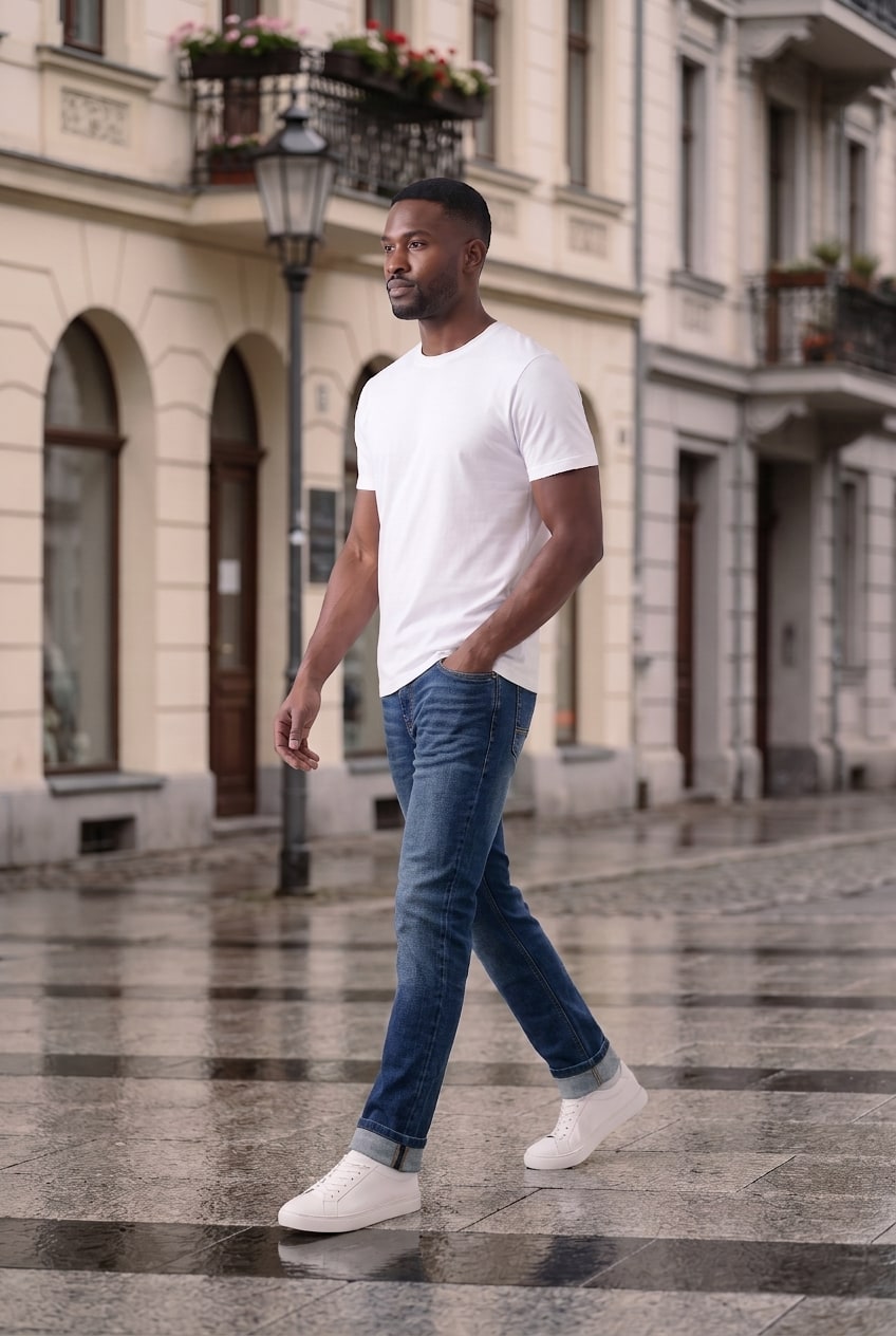 Model walking on a wet city street wearing the dark slim jeans with a white T-shirt