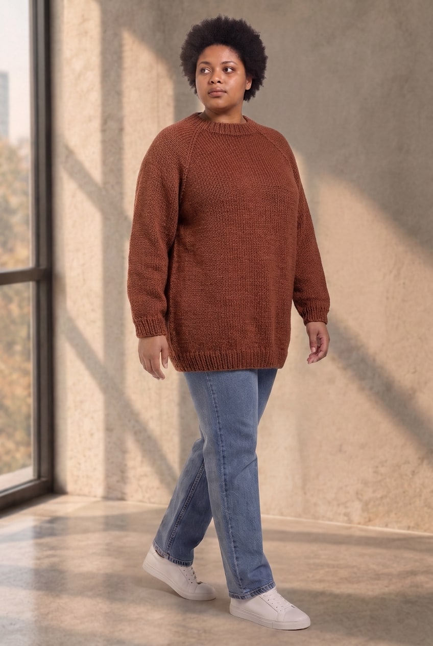 Model walking through a sunlit room wearing the rust hand-knit sweater with jeans