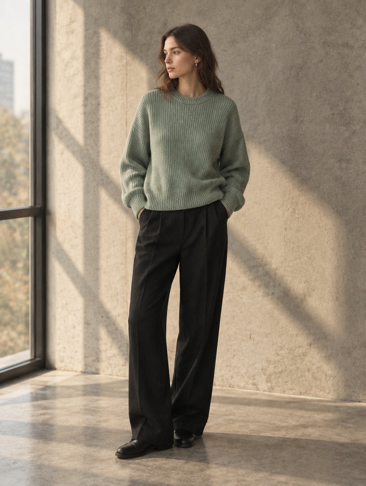 Model wearing the sage ribbed crewneck beside a window in a concrete interior