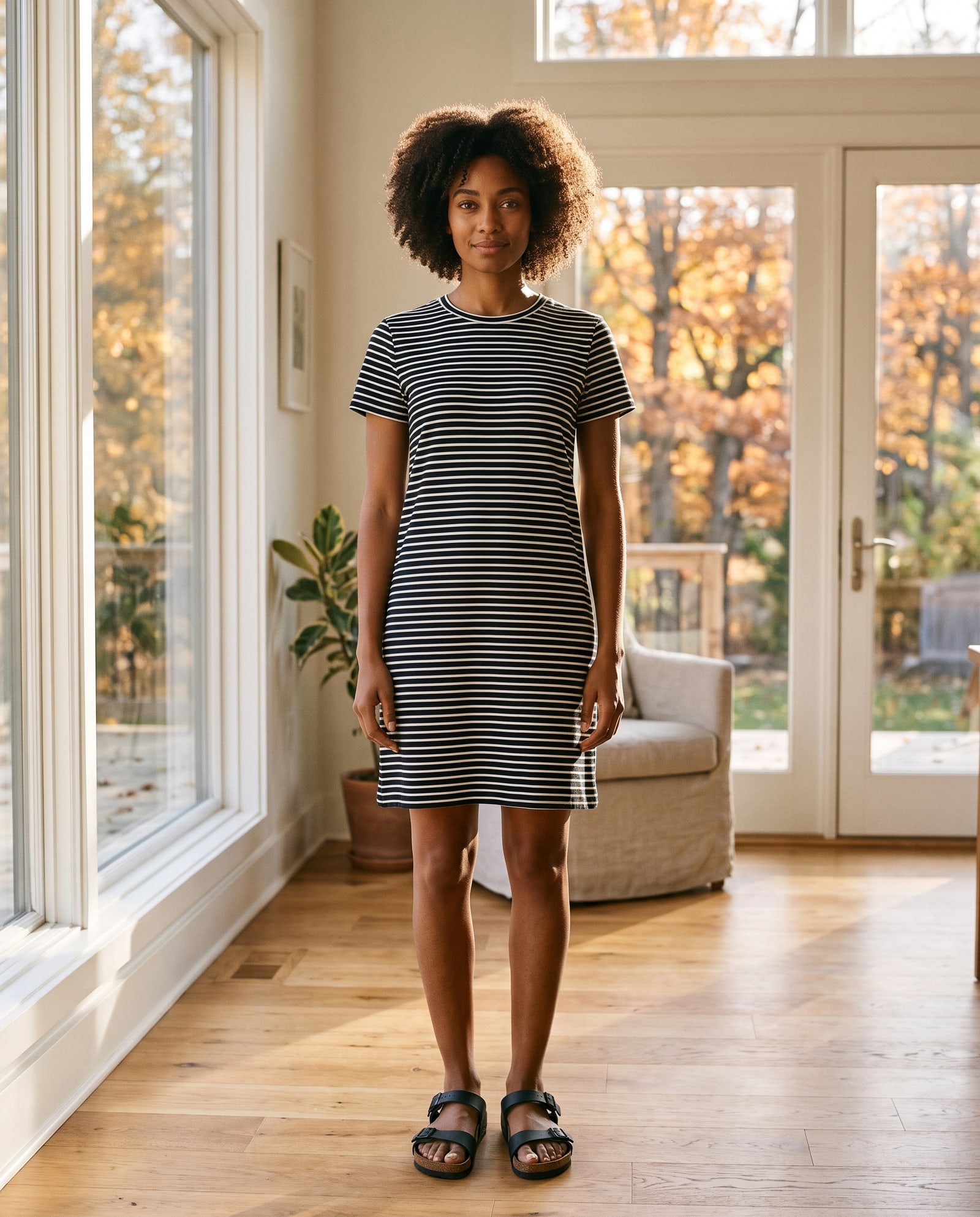 Model wearing the striped t-shirt dress in a sunlit room with autumn trees outside
