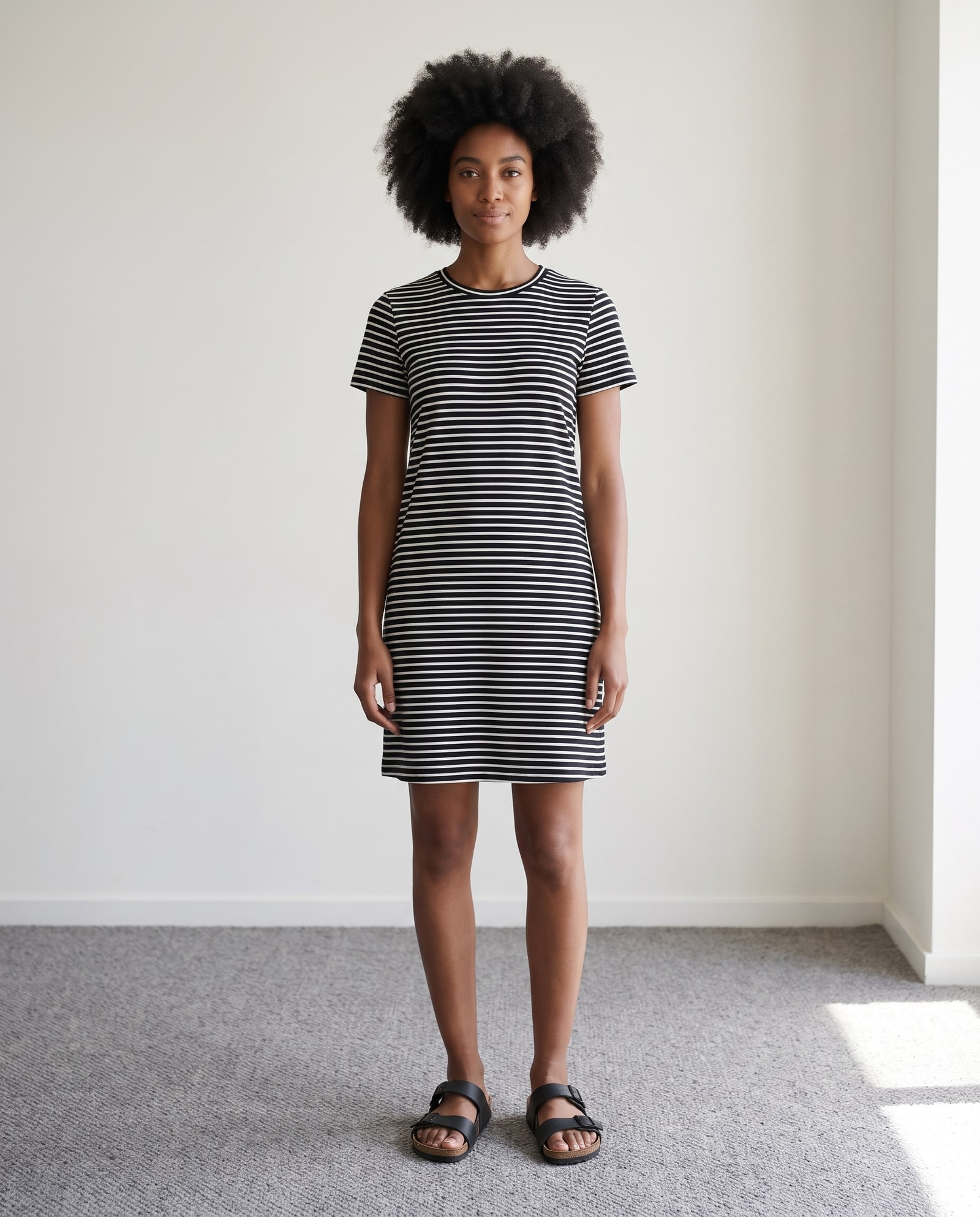 Model wearing the striped t-shirt dress in a bright room with grey carpet