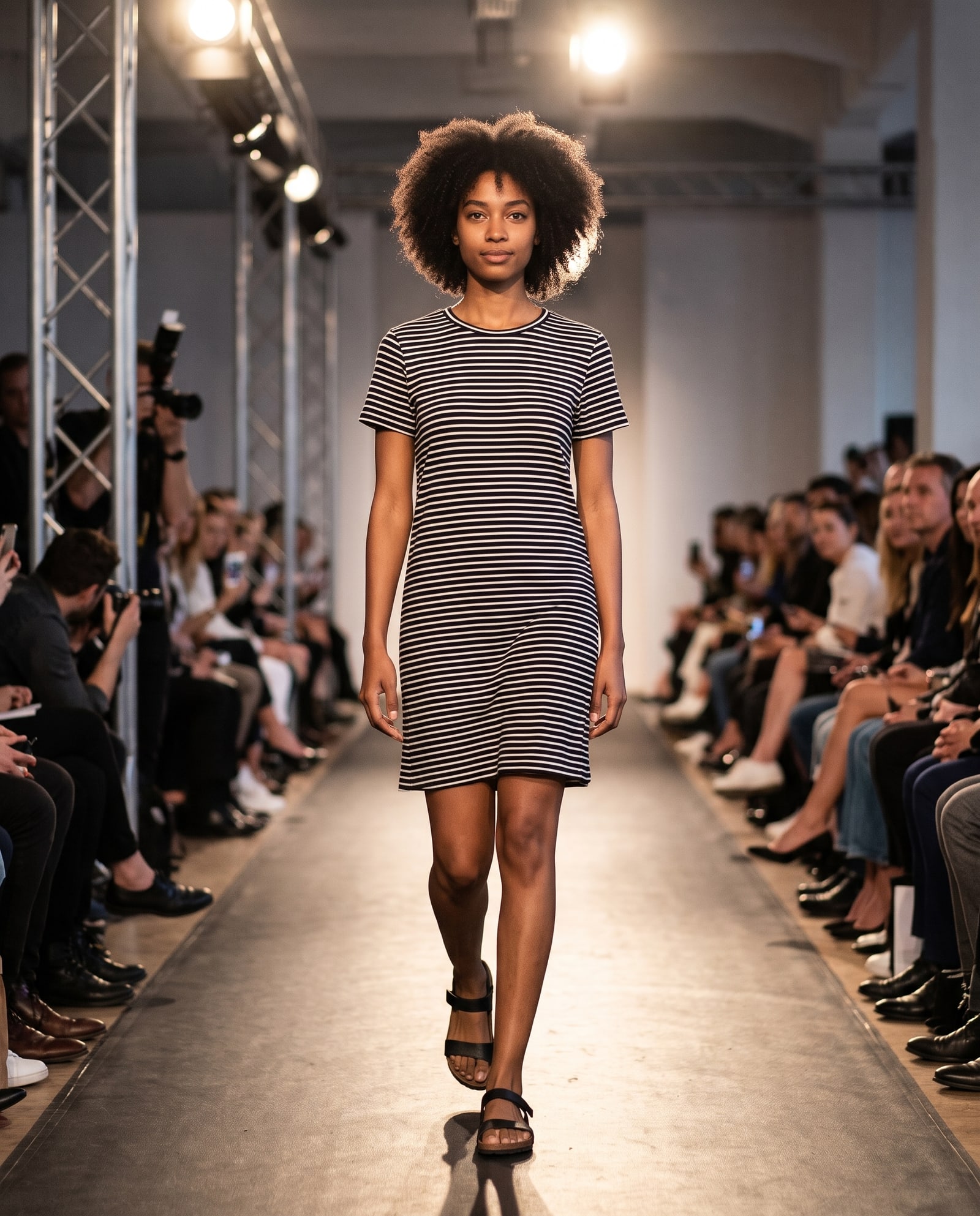 Model wearing the striped t-shirt dress in a fashion-show runway