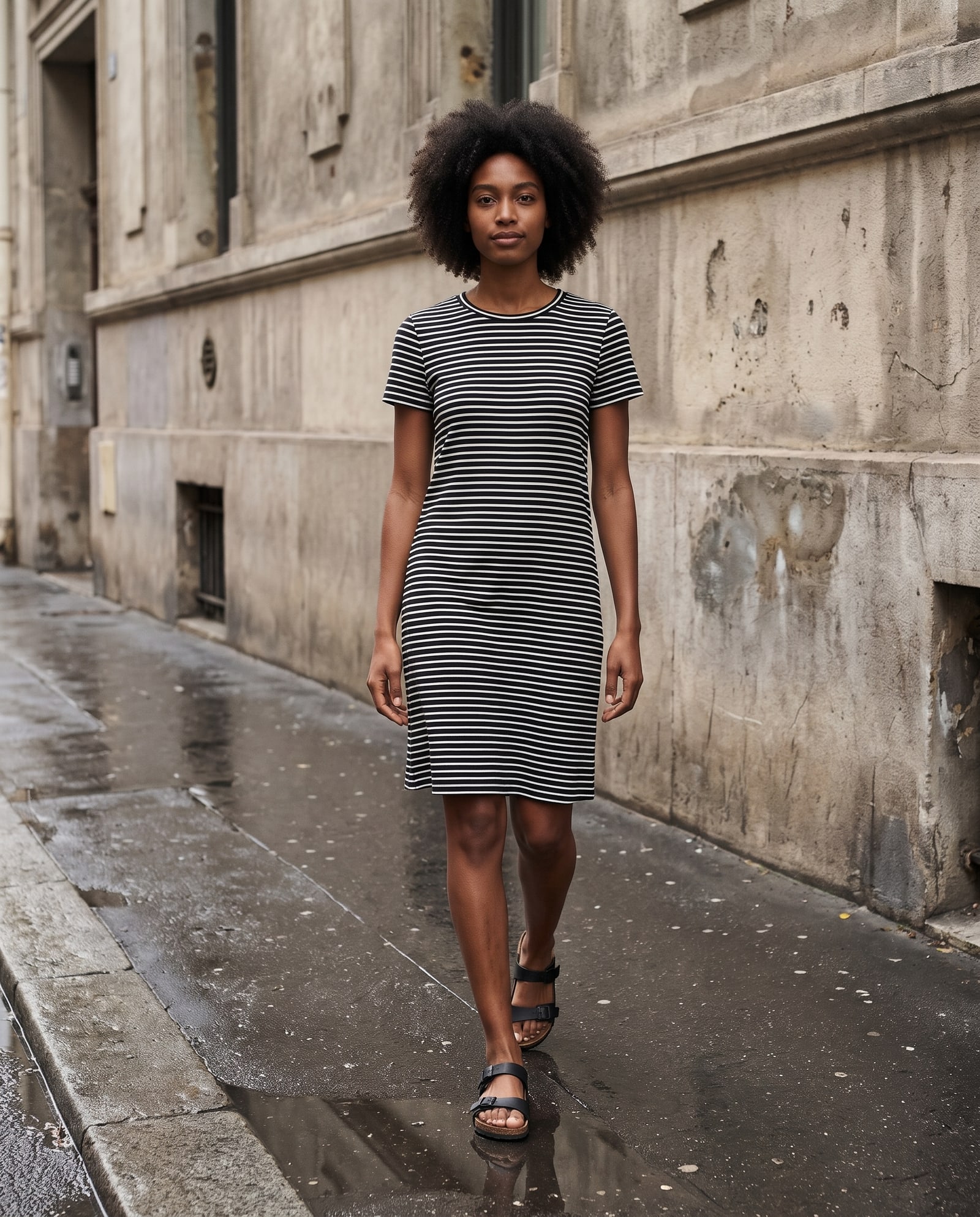 Model wearing the striped t-shirt dress in a wet city street after rain