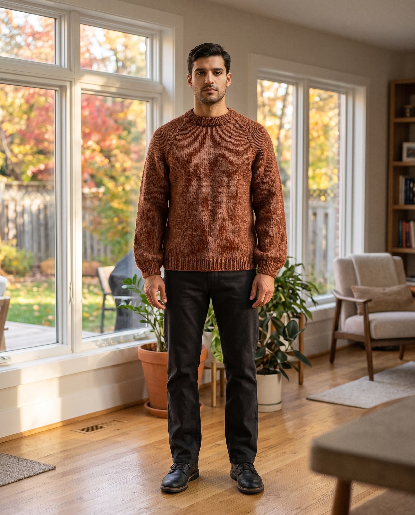Model wearing the rust hand-knit sweater in a sunlit room with autumn trees outside