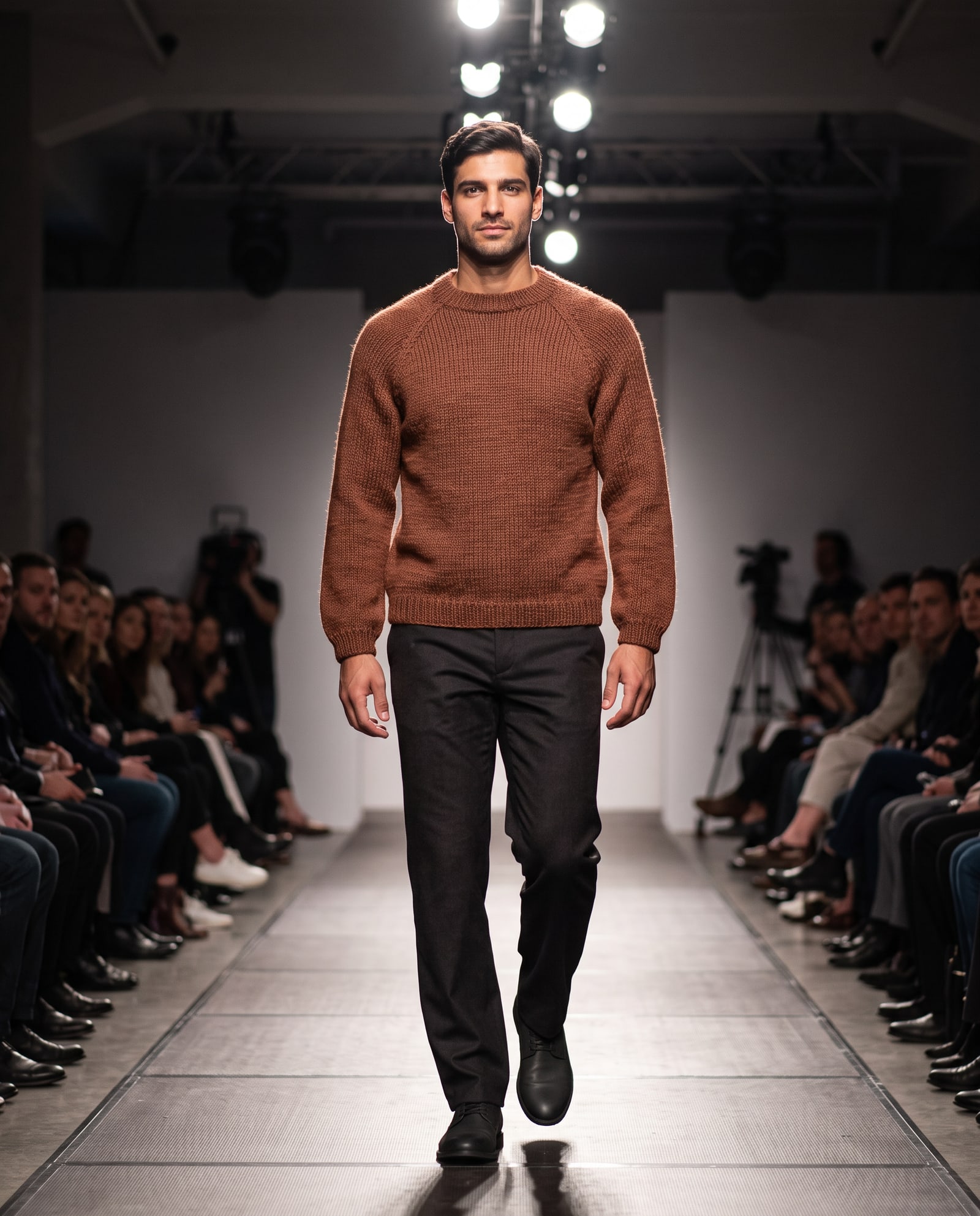 Model wearing the rust hand-knit sweater in a fashion-show runway