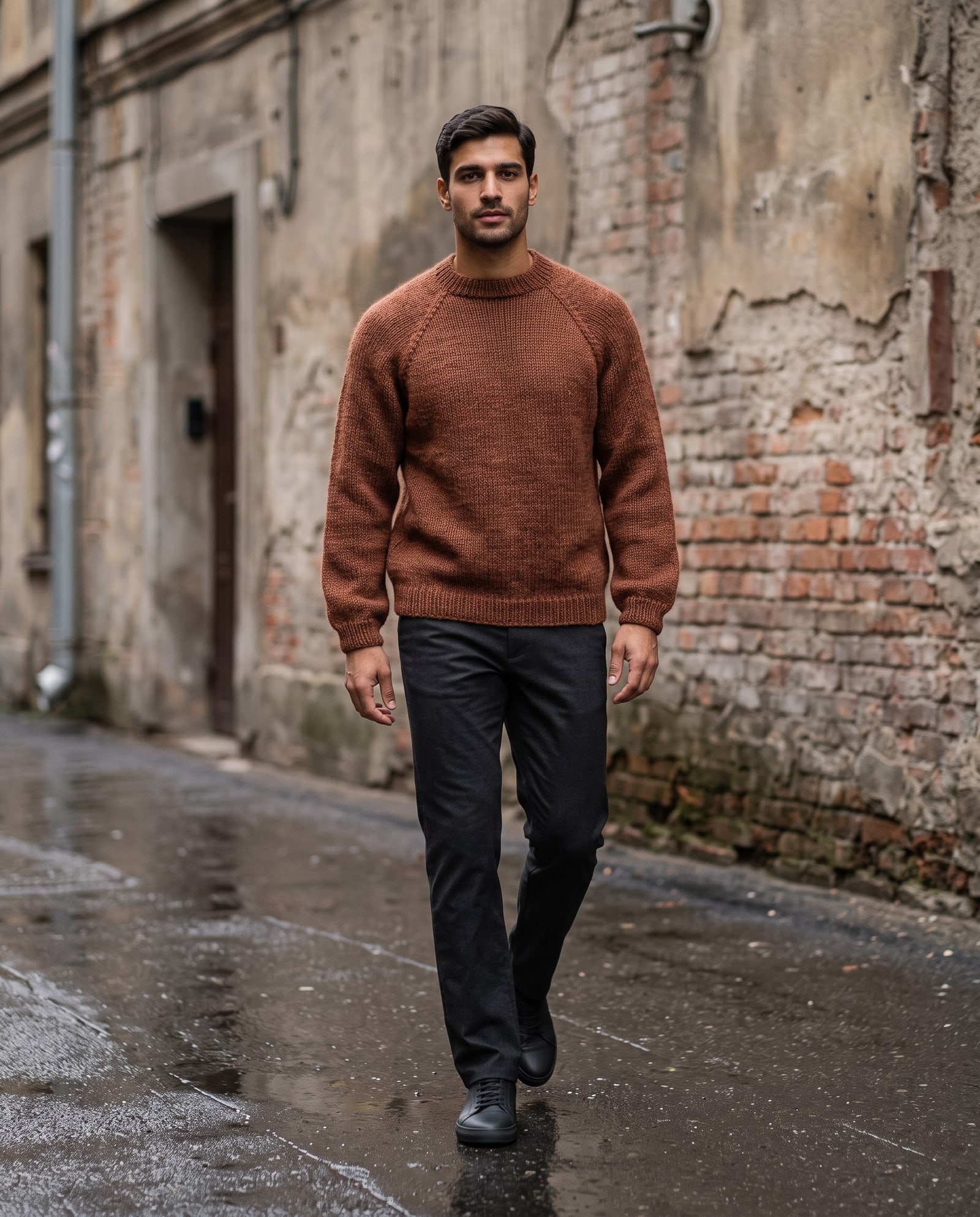 Model wearing the rust hand-knit sweater in a wet city street after rain