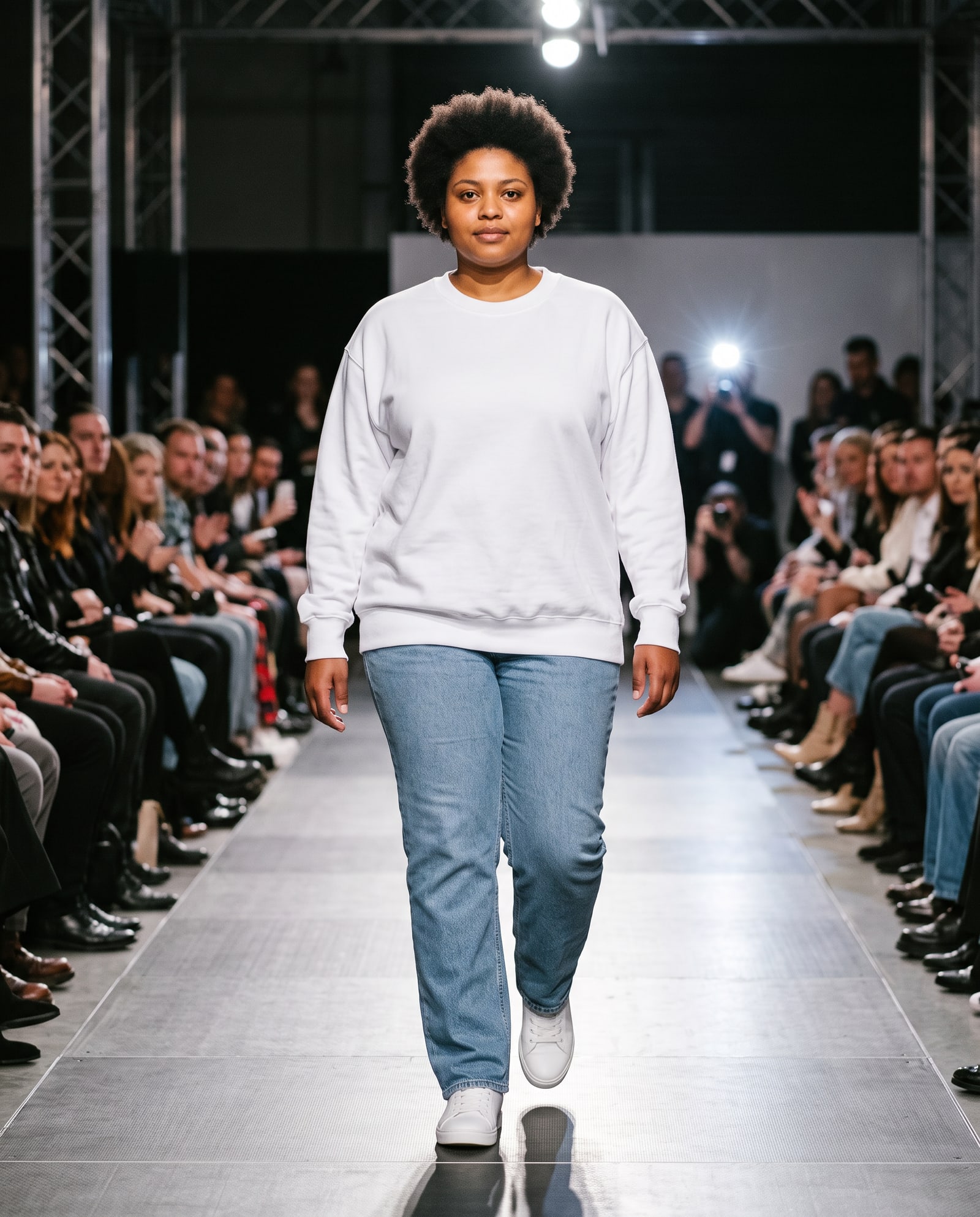 Model wearing the white crewneck sweatshirt in a fashion-show runway