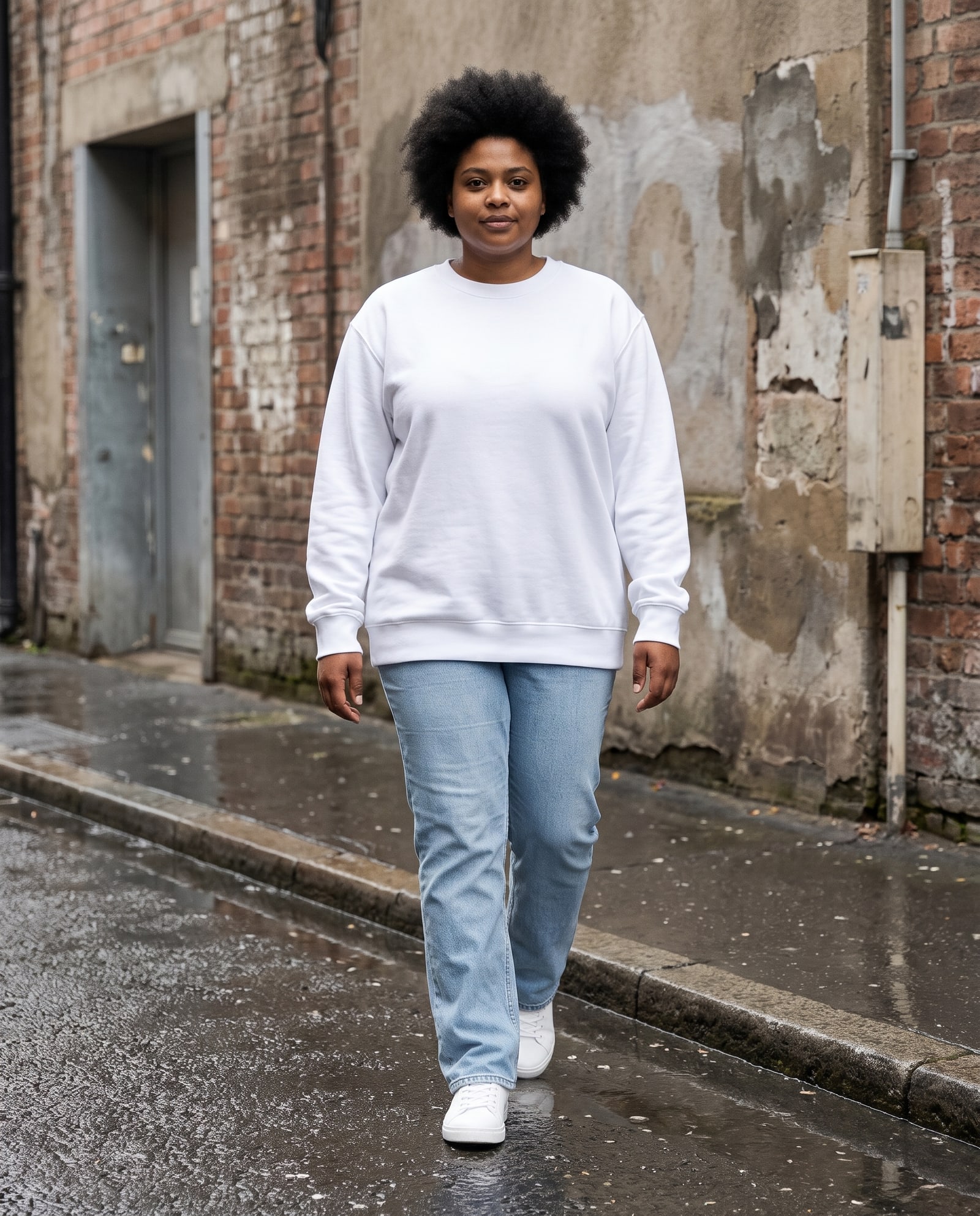 Model wearing the white crewneck sweatshirt in a wet city street after rain