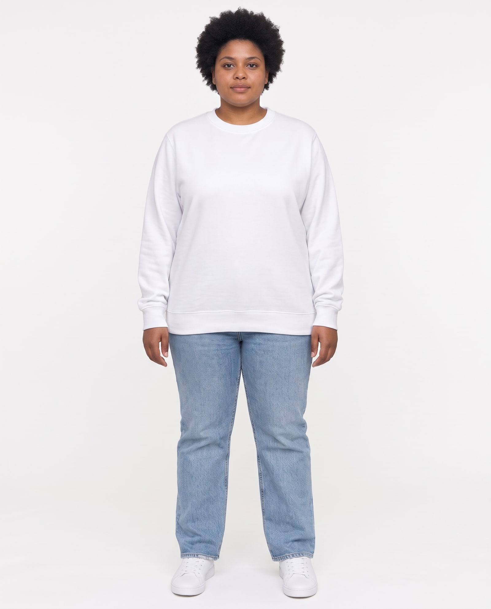 Model wearing the white crewneck sweatshirt in a pure-white marketplace background