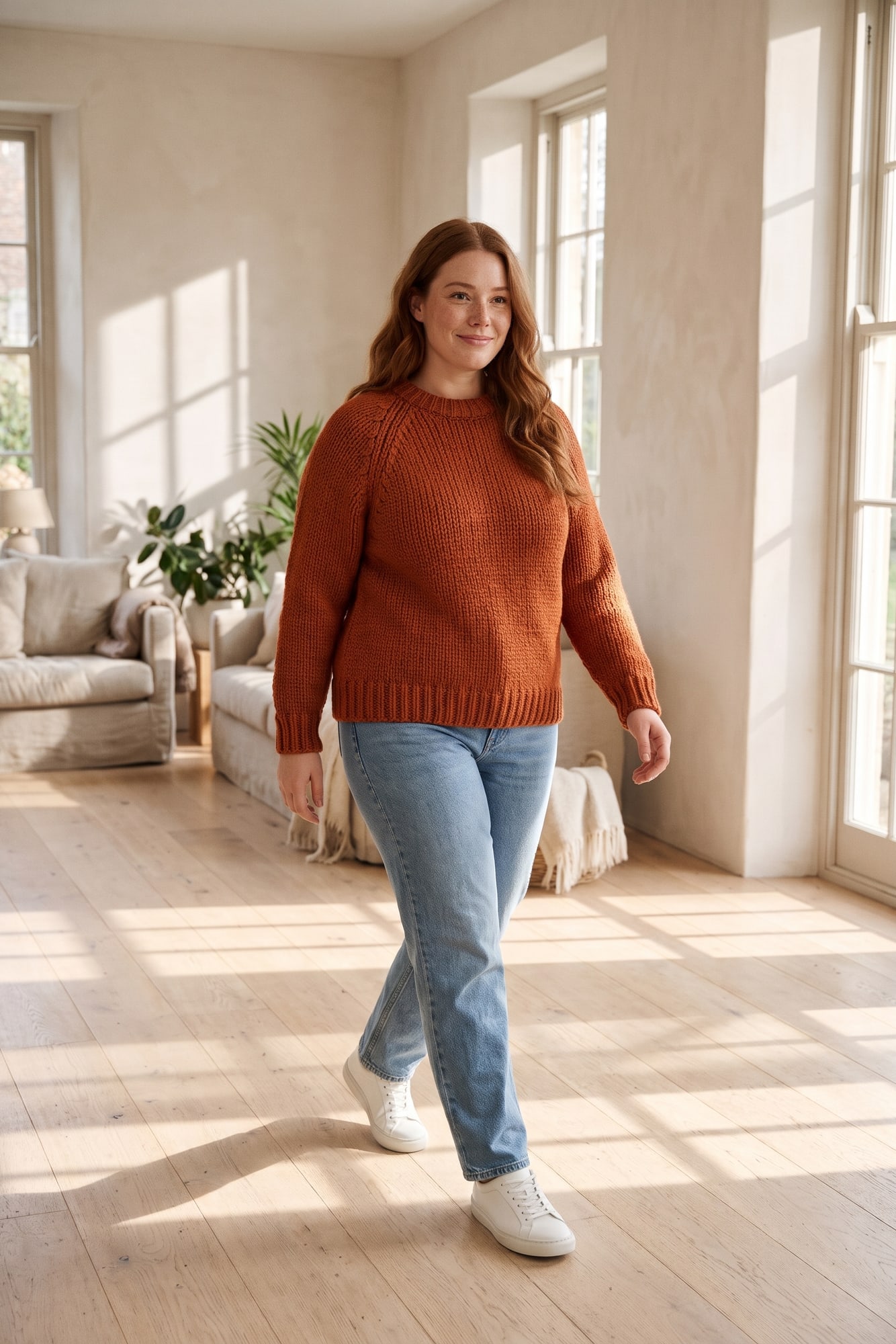 Model walking through a sunlit room in the rust hand-knit sweater