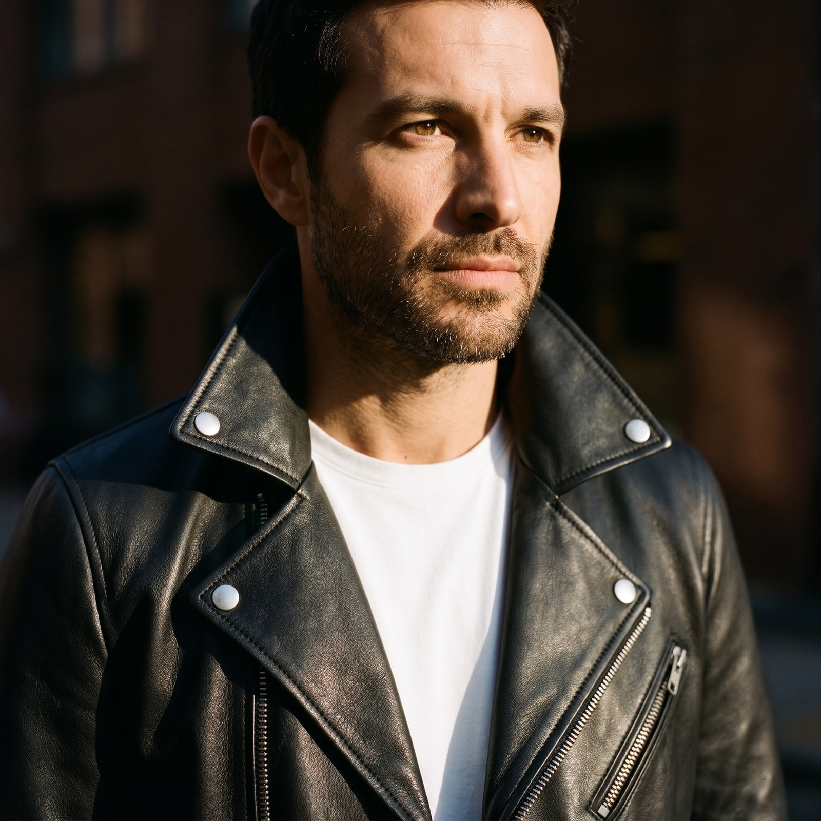 Close-up portrait of a bearded man in a black leather biker jacket with a white t-shirt, lit by hard side light