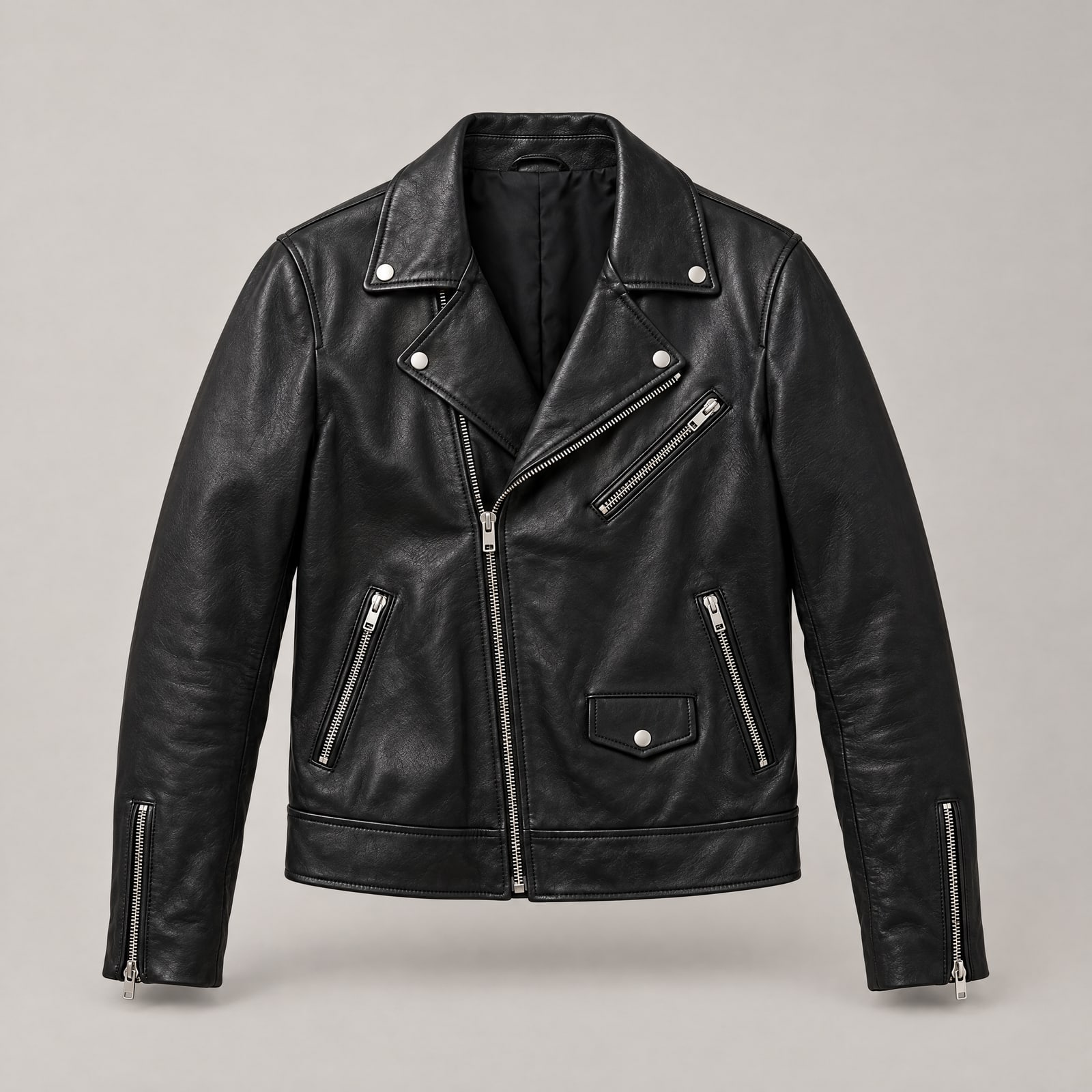 A black leather biker jacket shown as a hollow ghost mannequin on a warm grey background