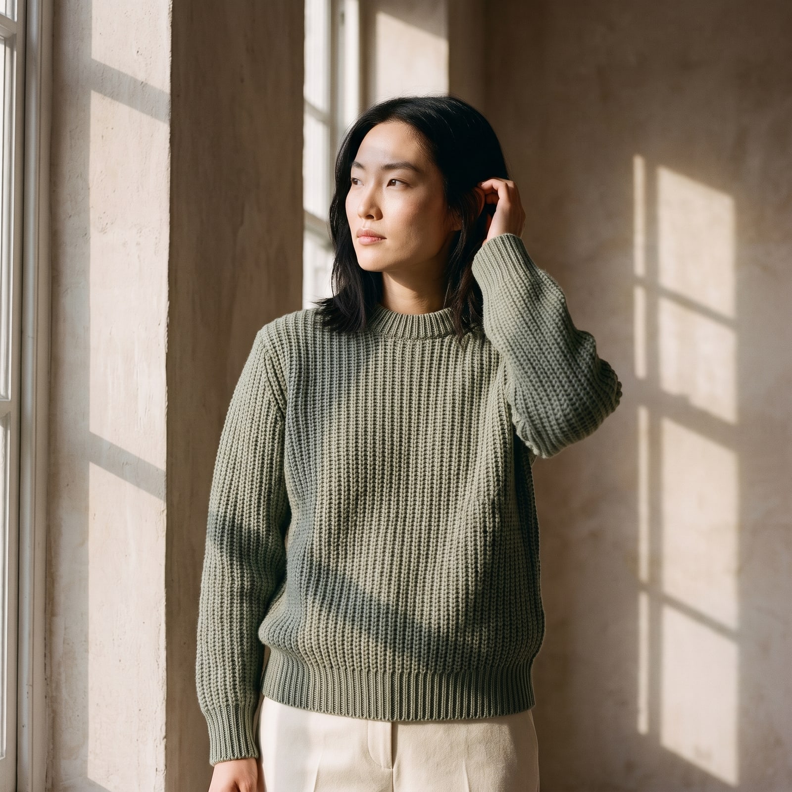 A woman in a sage ribbed crewneck and cream trousers by a tall window, window light and shadows falling across the knit