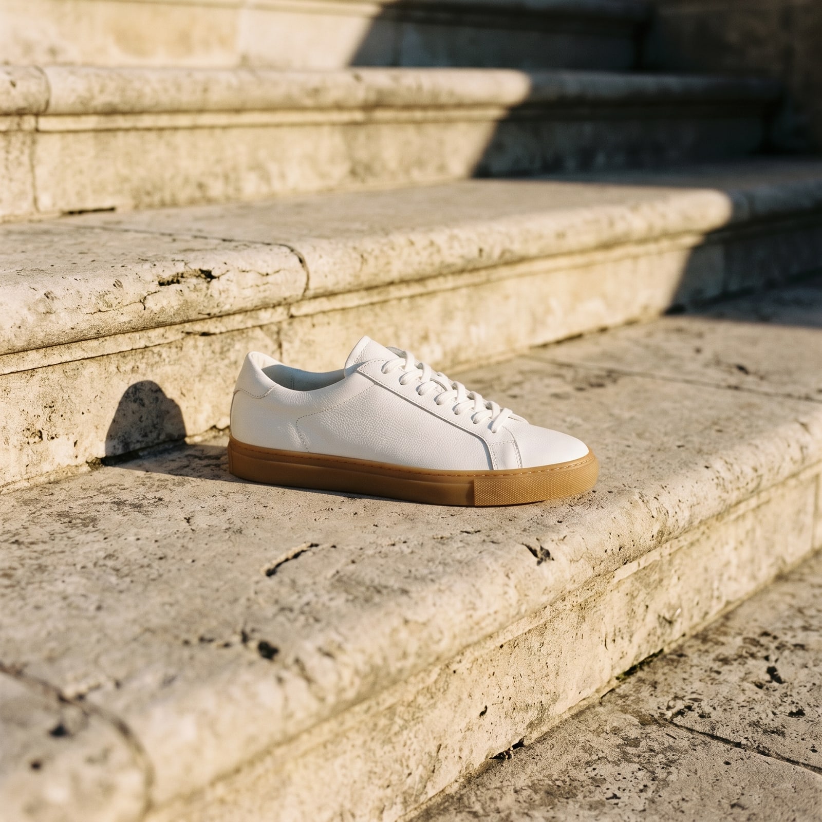 A white leather sneaker with a gum sole on pale limestone steps in hard sun, casting a long shadow