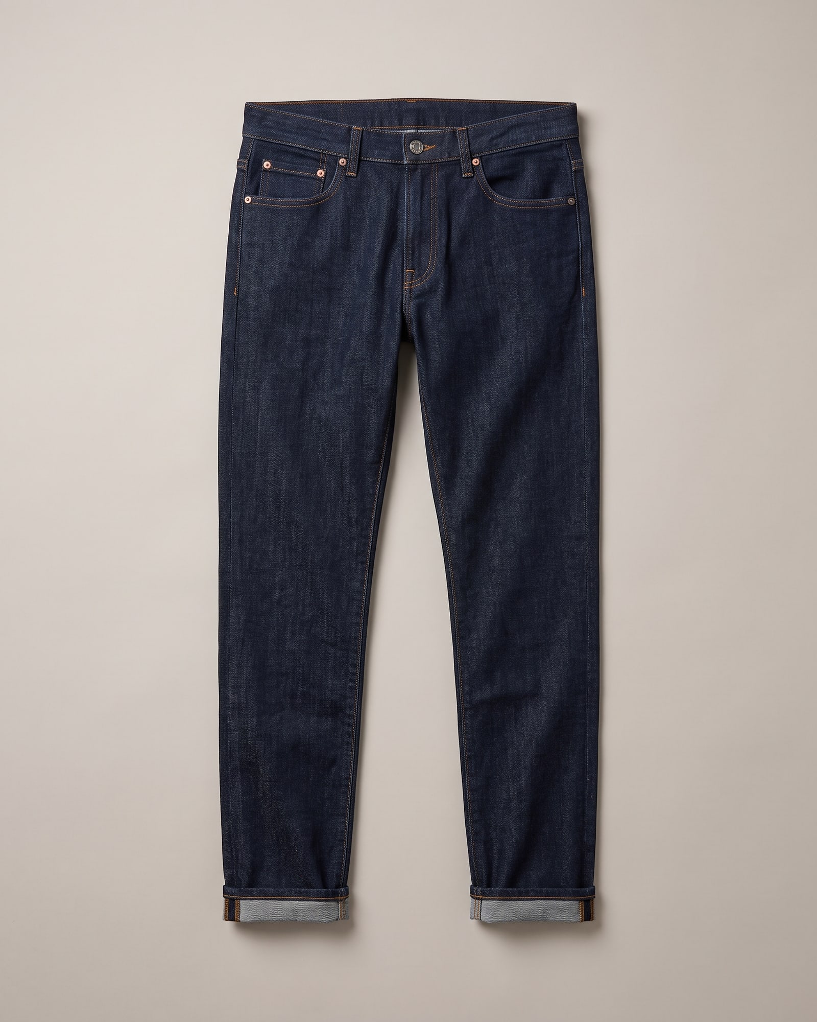 Flat-lay of dark indigo slim jeans on light grey
