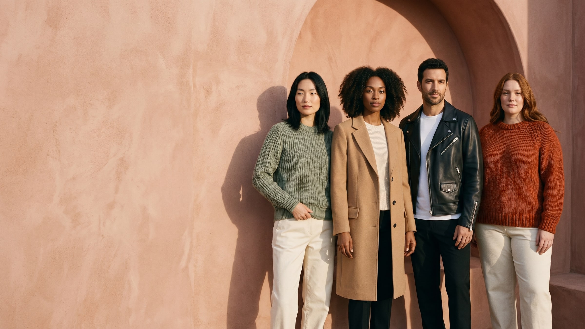 Four models against a warm pink plaster wall in a sage crewneck, a camel coat, a black leather biker jacket and a rust hand-knit sweater