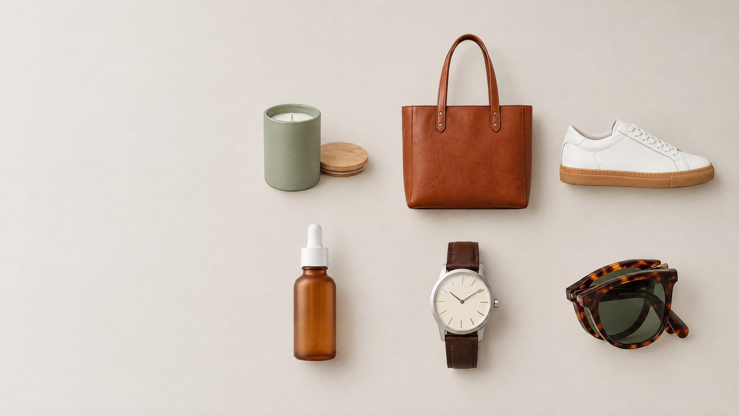 Top-down view of a sage candle, cognac tote, white sneaker, amber serum, steel watch and tortoiseshell sunglasses laid out in a neat grid on a pale table
