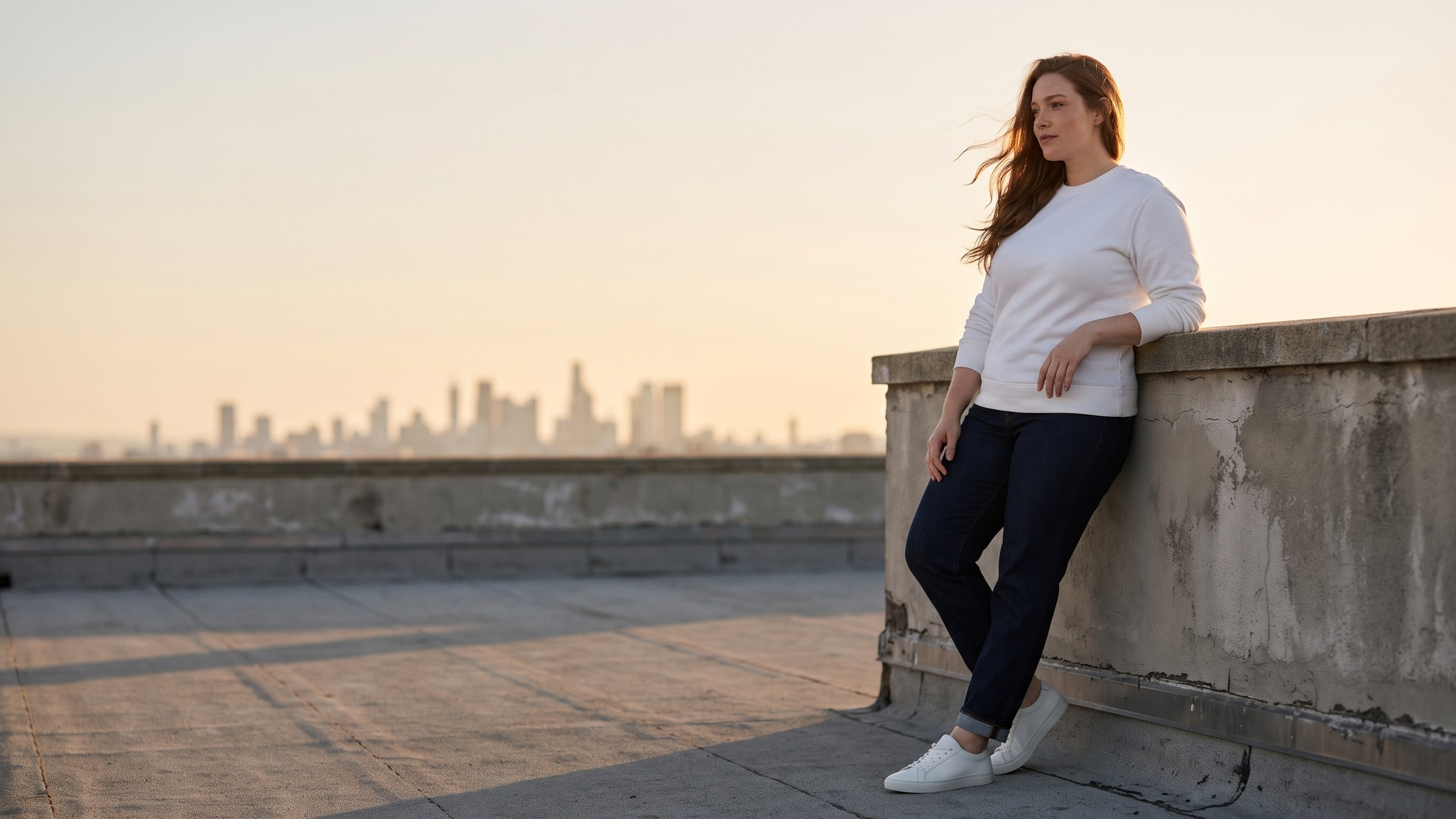 A woman with auburn hair in a white crewneck sweatshirt and indigo jeans leaning on a rooftop parapet at golden hour, wind in her hair