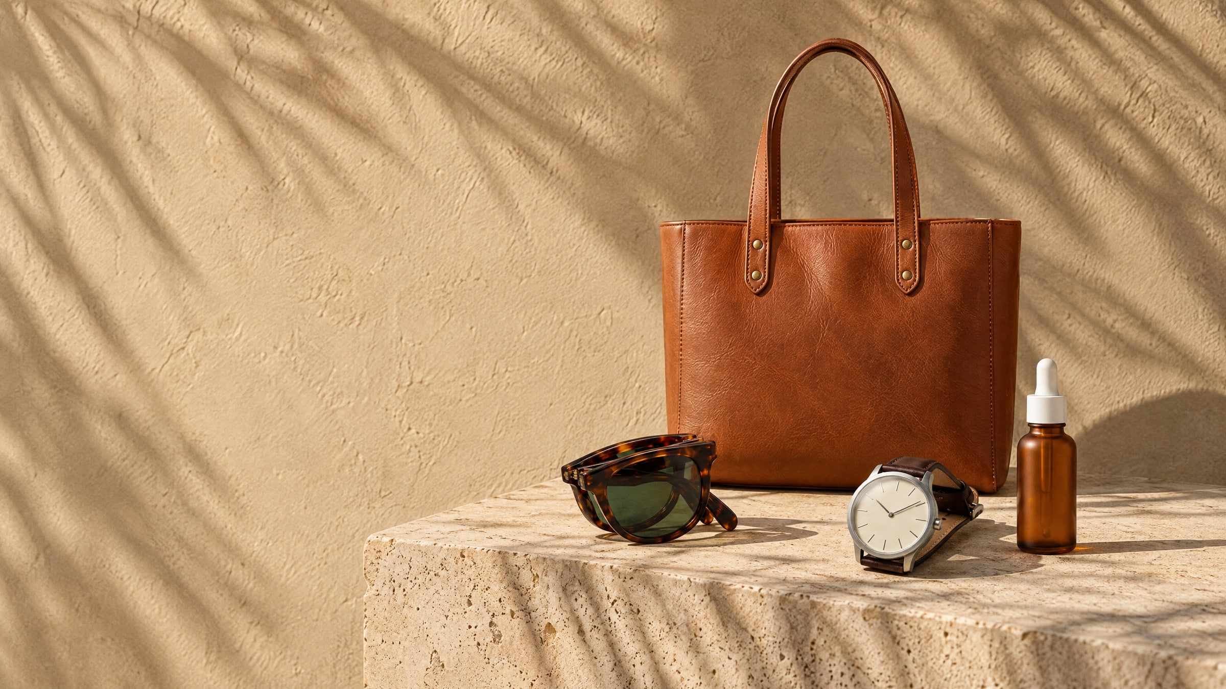A cognac leather tote, tortoiseshell sunglasses, a steel watch and an amber serum bottle on a travertine plinth in hard sun with palm shadows