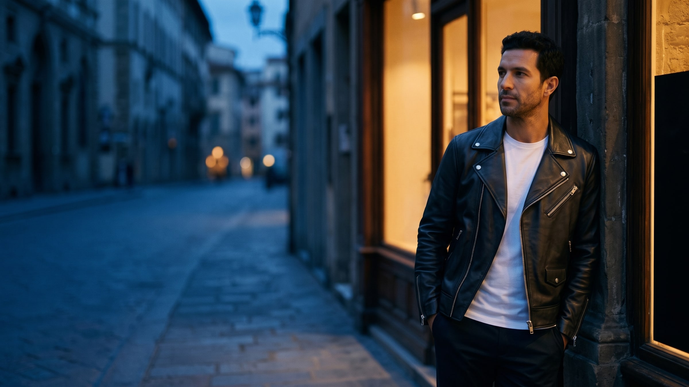 A bearded man in a black leather biker jacket and white t-shirt leaning beside a glowing shop window on a city street at blue hour