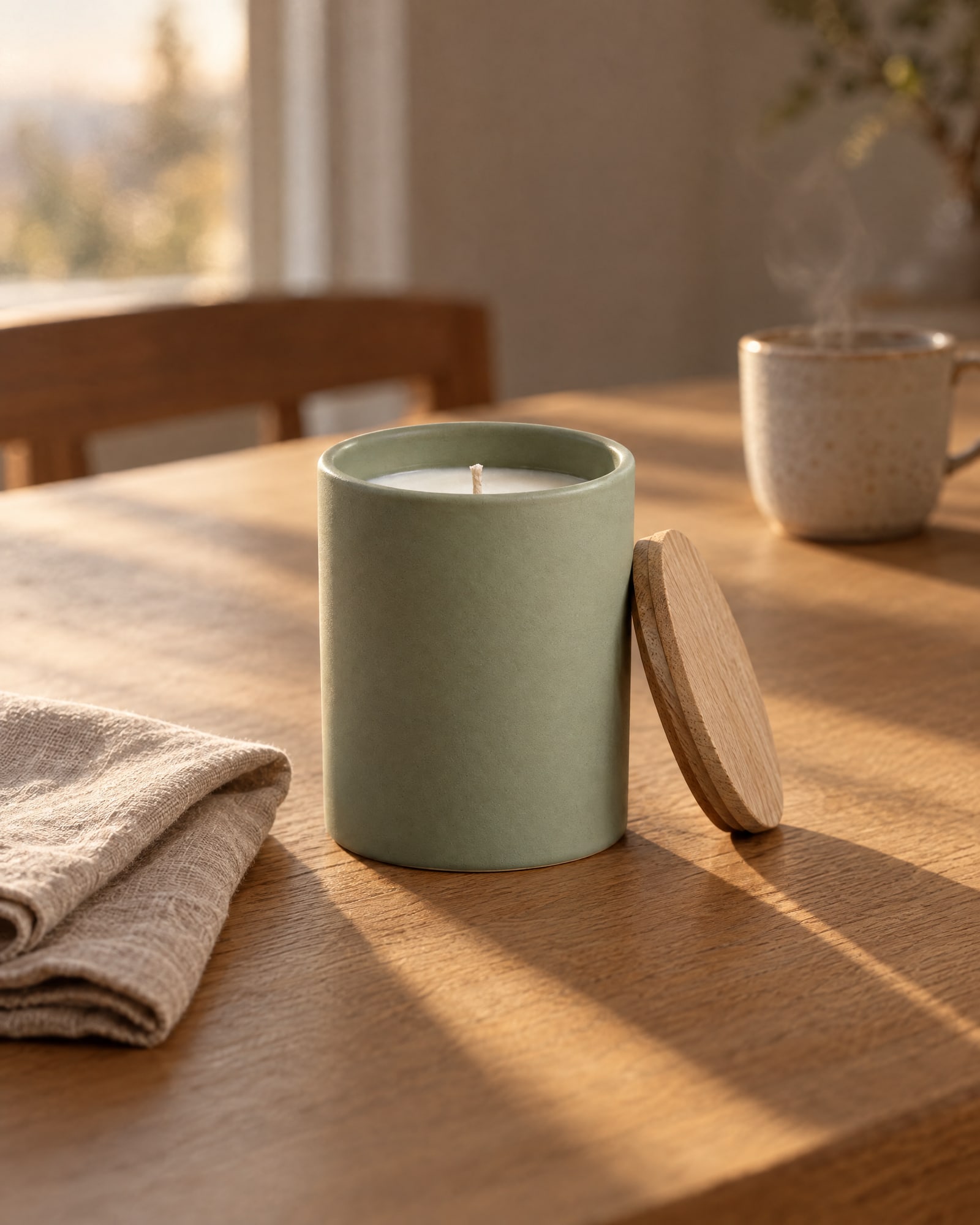 A sage ceramic candle with its wooden lid leaning against it on an oak table in morning light, a steaming cup behind