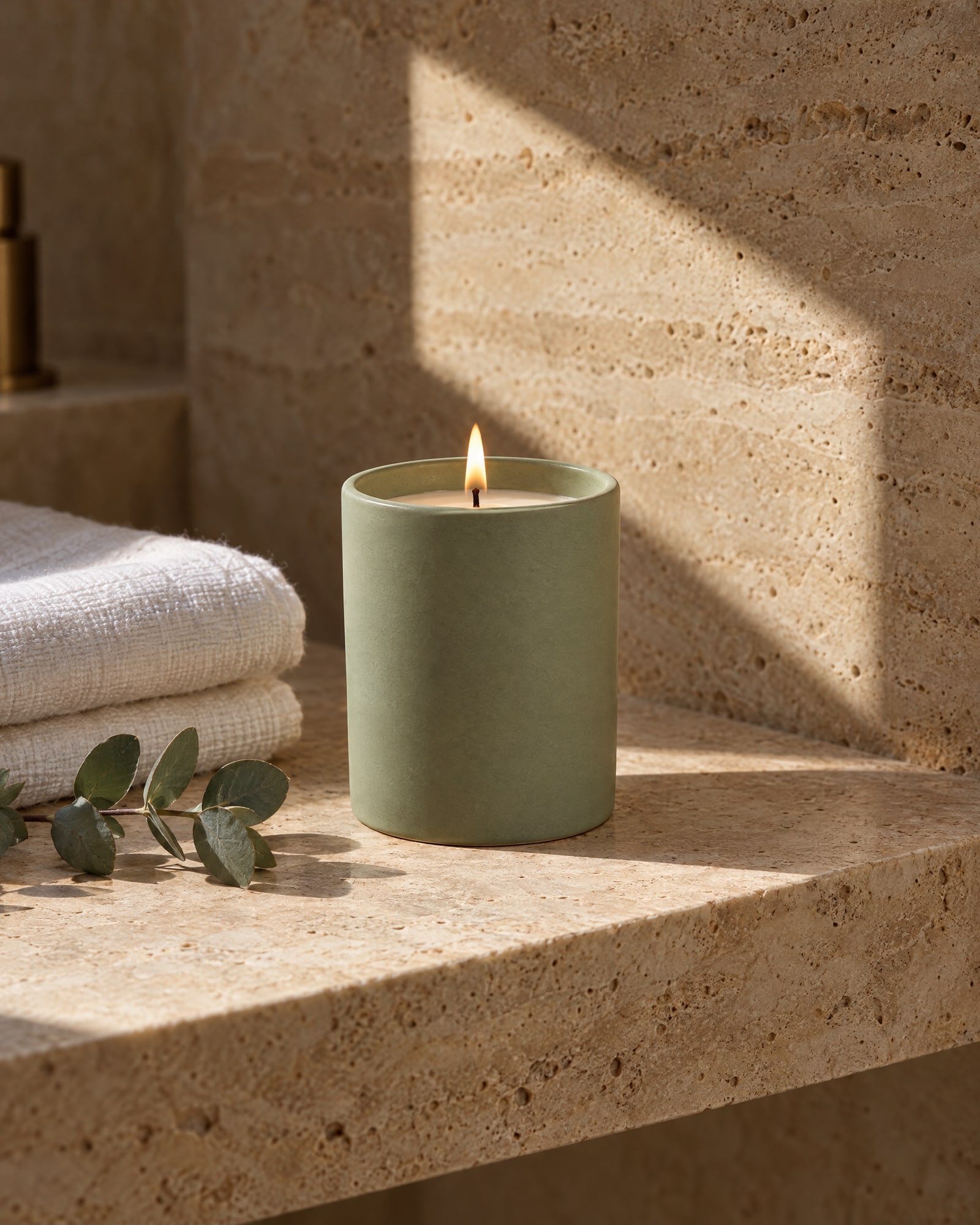 A lit sage ceramic candle on a travertine bathroom shelf beside a folded white towel and a sprig of eucalyptus