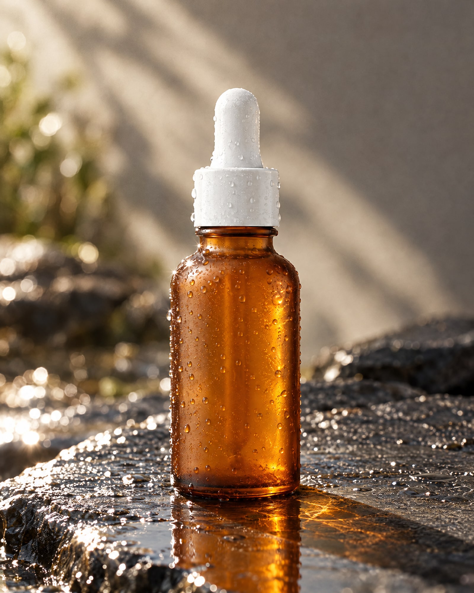 An amber glass dropper bottle beaded with water droplets on wet dark stone in hard sunlight