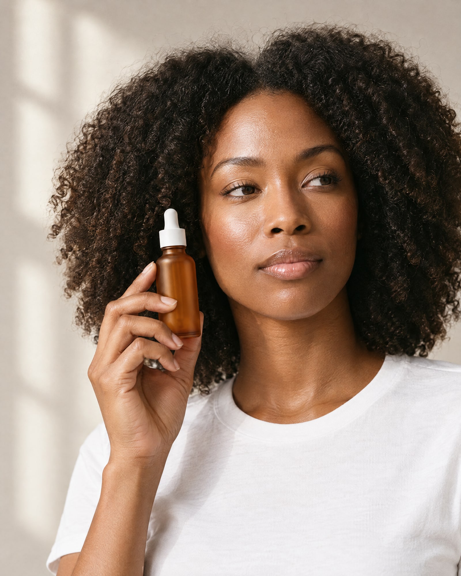 A woman with curly hair in a white t-shirt holding an amber dropper bottle beside her cheek in soft window light
