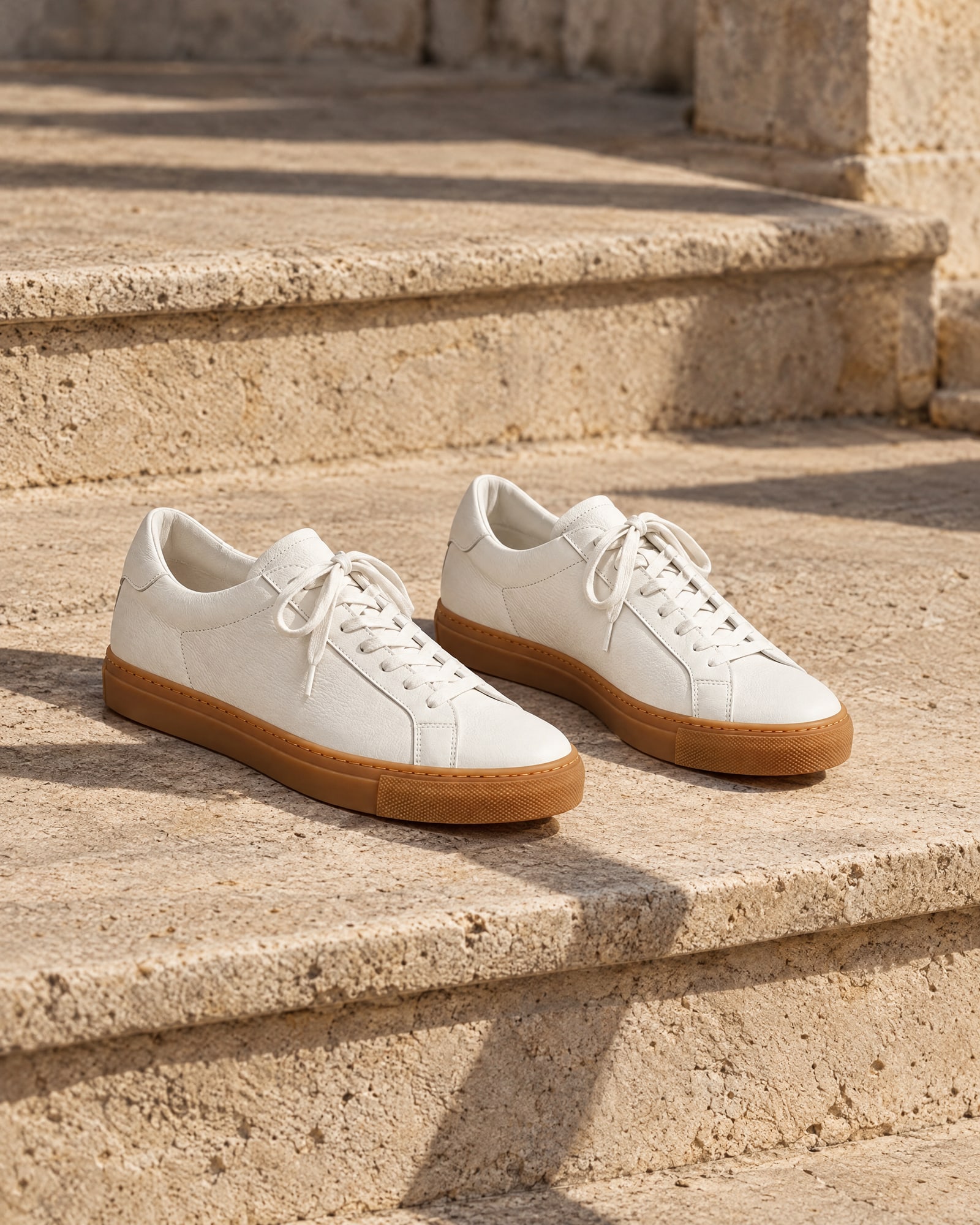 A pair of white leather sneakers with gum soles on pale limestone steps in low afternoon sun