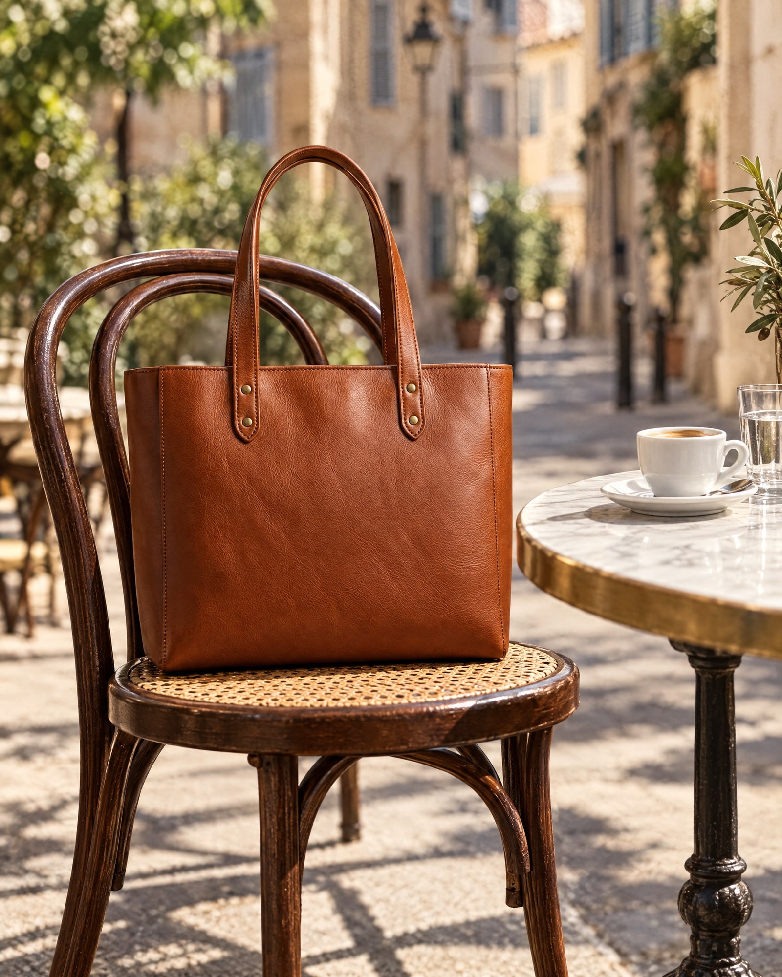 A cognac leather tote on a bentwood cafe chair beside a marble table with an espresso on a sunny street terrace