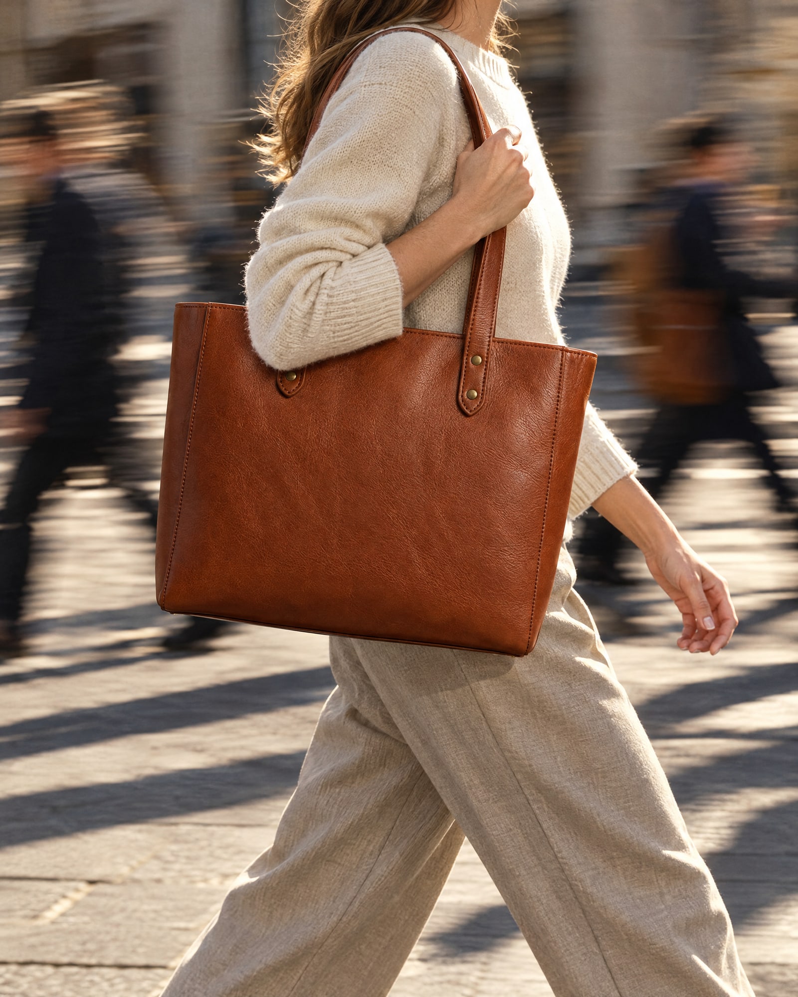 A woman in a cream knit and linen trousers walking a busy street with a cognac leather tote on her shoulder, the crowd blurred