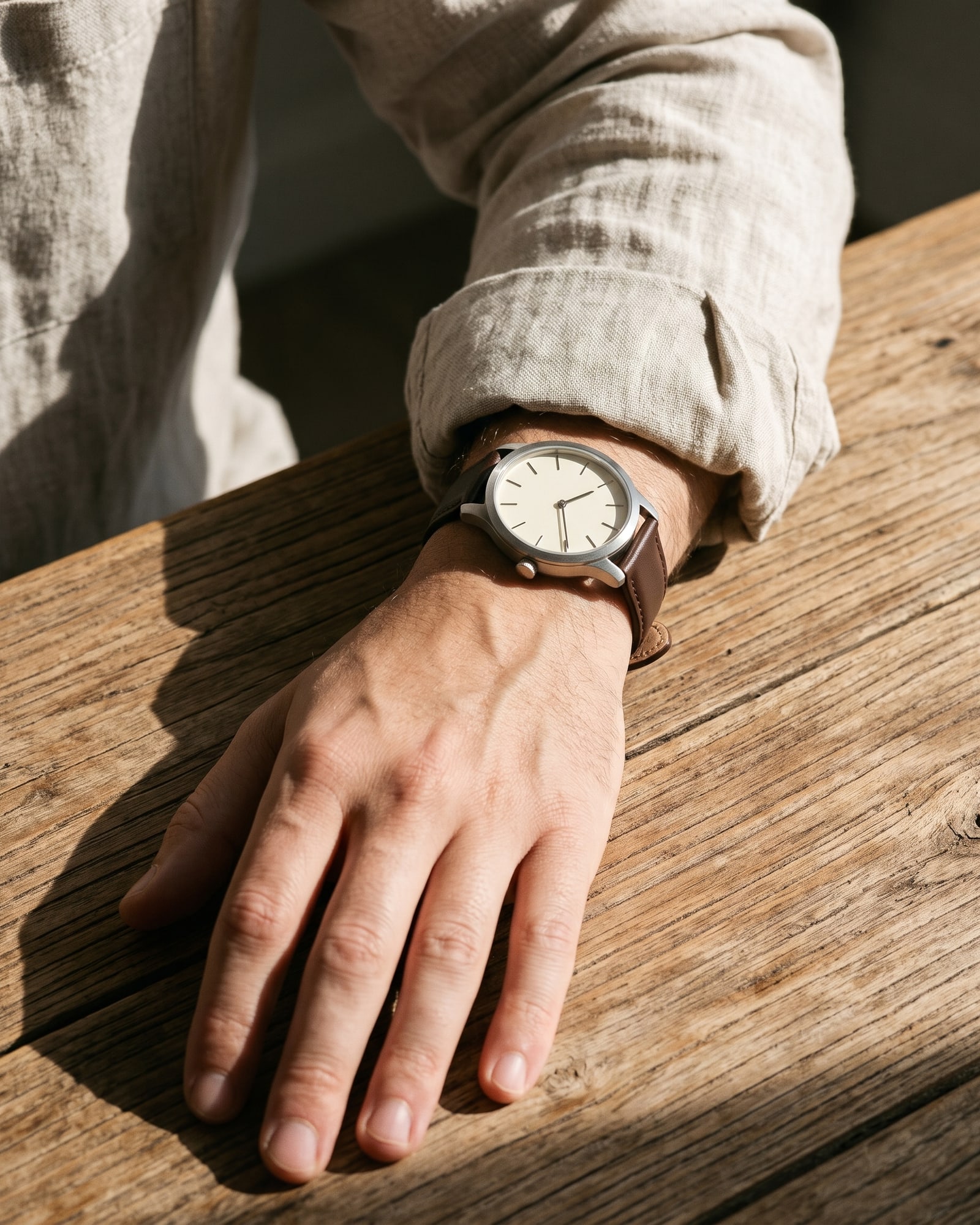 A steel watch with a cream dial and brown leather strap on a man’s wrist below a rolled linen sleeve, hand resting on a sunlit wooden table