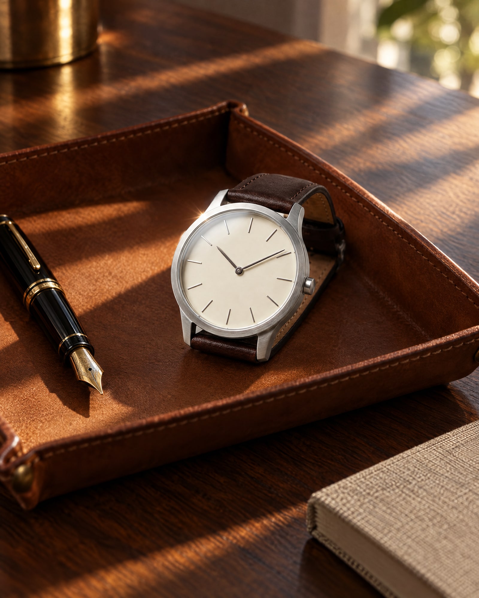 A steel watch with a cream dial in a cognac leather valet tray on a walnut desk beside a fountain pen and a notebook