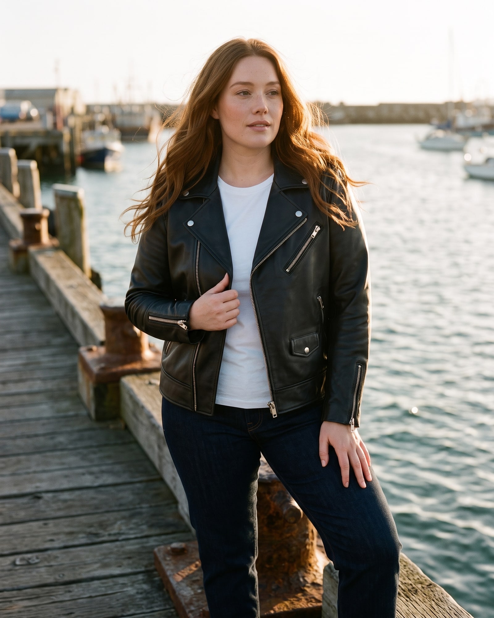 A woman with auburn hair in a black leather biker jacket, white t-shirt and indigo jeans on a wooden harbour pier at golden hour