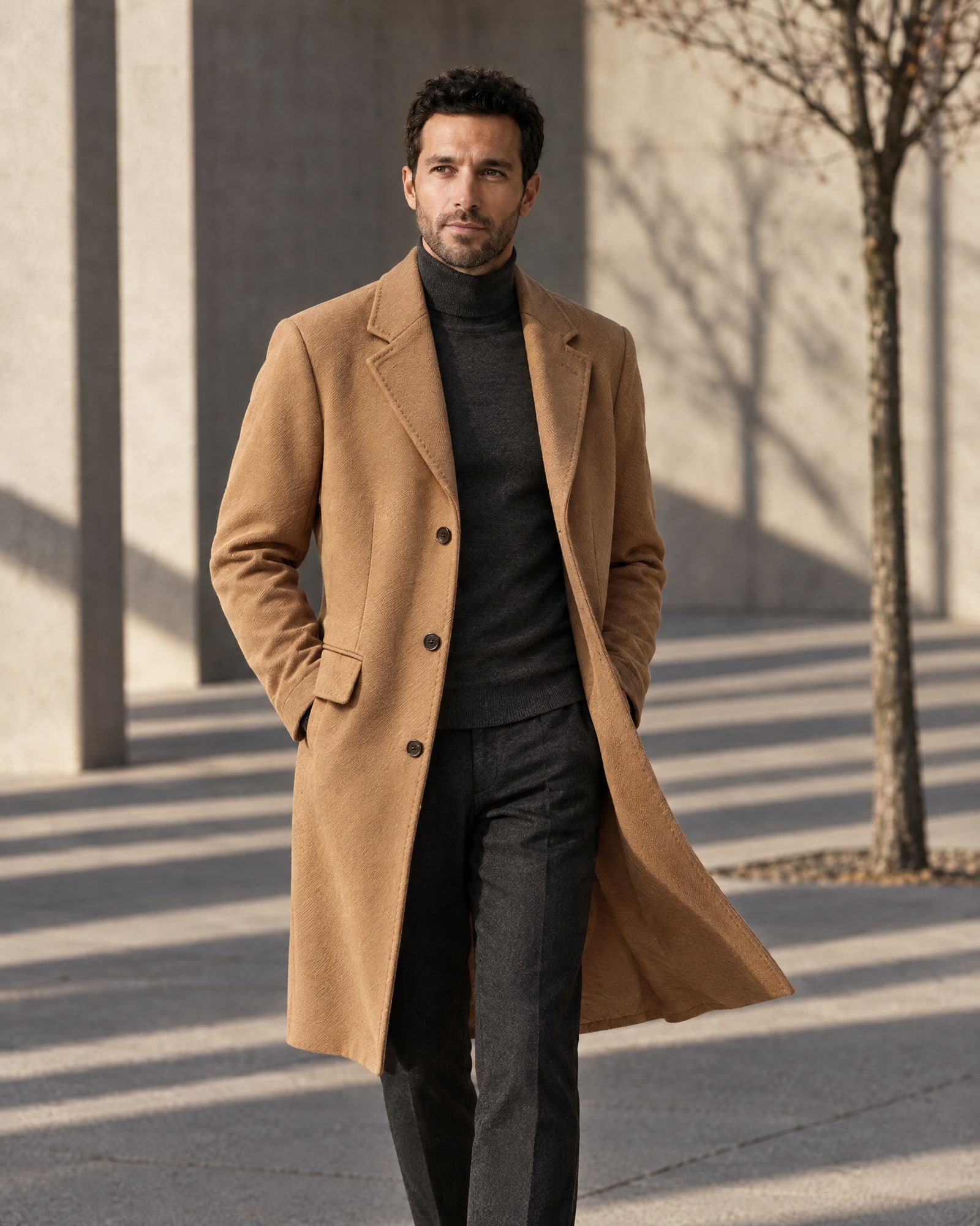 A bearded man in an open camel wool coat over a charcoal roll-neck in a concrete courtyard with long column shadows