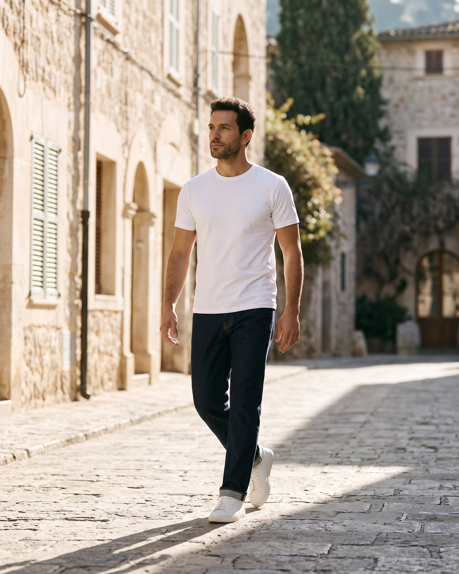 A man in dark indigo cuffed jeans, a white t-shirt and white sneakers walking down a sunlit old-town stone street