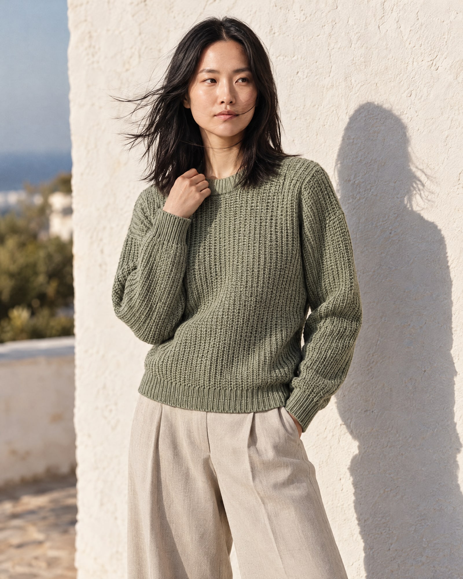 A woman in a sage ribbed crewneck and stone trousers against a whitewashed wall in low sun, wind in her hair, her shadow on the wall