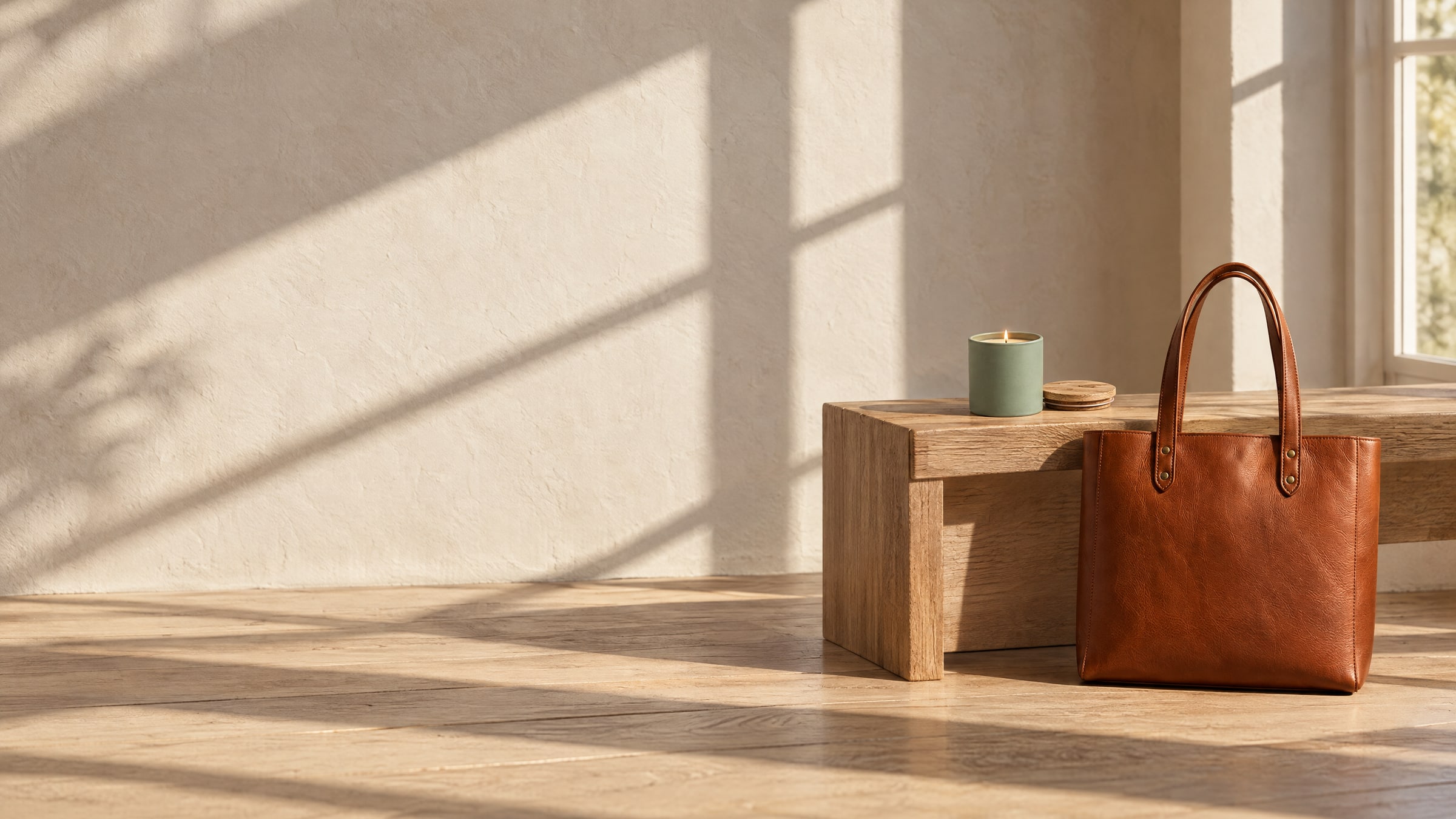 A lit sage candle on an oak bench and a cognac leather tote beside it in a sunlit room with long window shadows