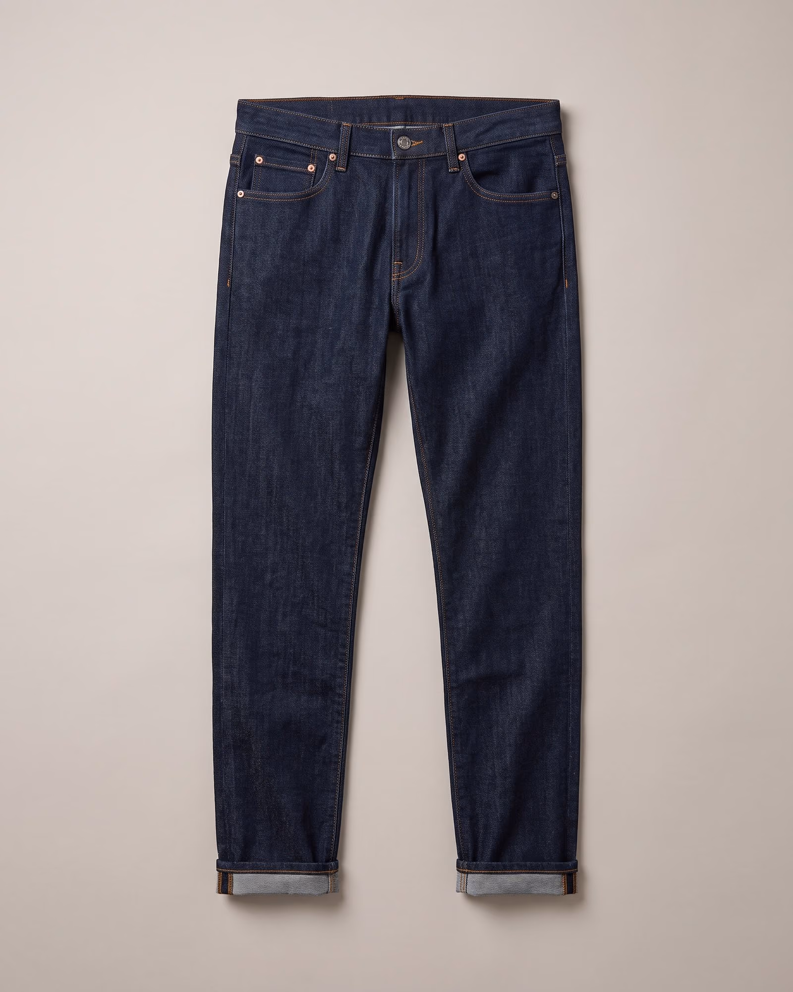 Flat-lay of dark indigo slim jeans on light grey