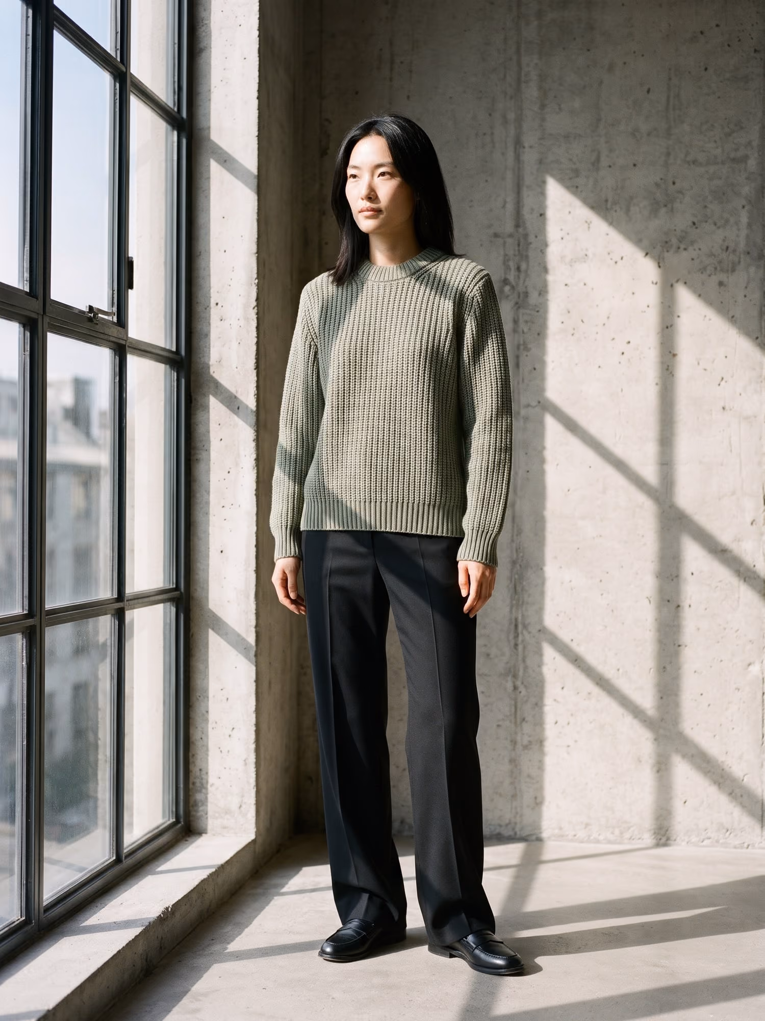 Model wearing the sage ribbed sweater beside a tall window in a concrete interior
